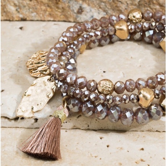 ❤️‍🔥3 Glass Bead Tassel Charm Bracelets Set Mauve 3320 - Picture 1 of 1